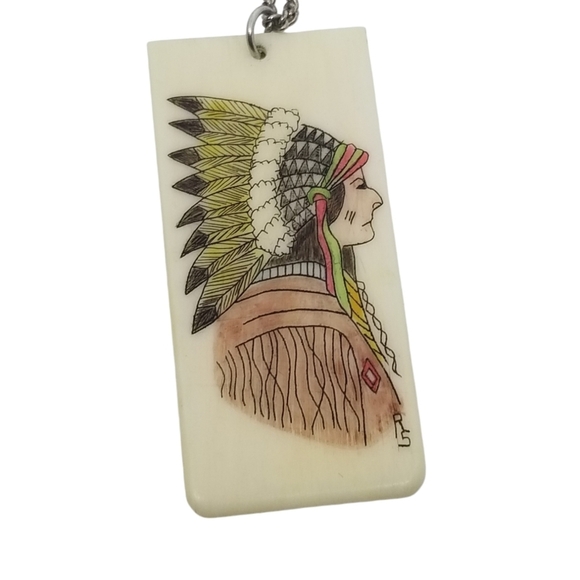 VINTAGE ARTIST ILLUSTRATED NATIVE AMERICAN PENDANT NECKLACE SIGNED RS - Picture 4 of 6